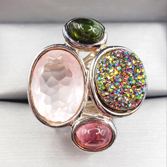 925 Sterling Silver Pink & Green Tourmaline - Pink & Druzy Quartz Statem… - Picture 1 of 8